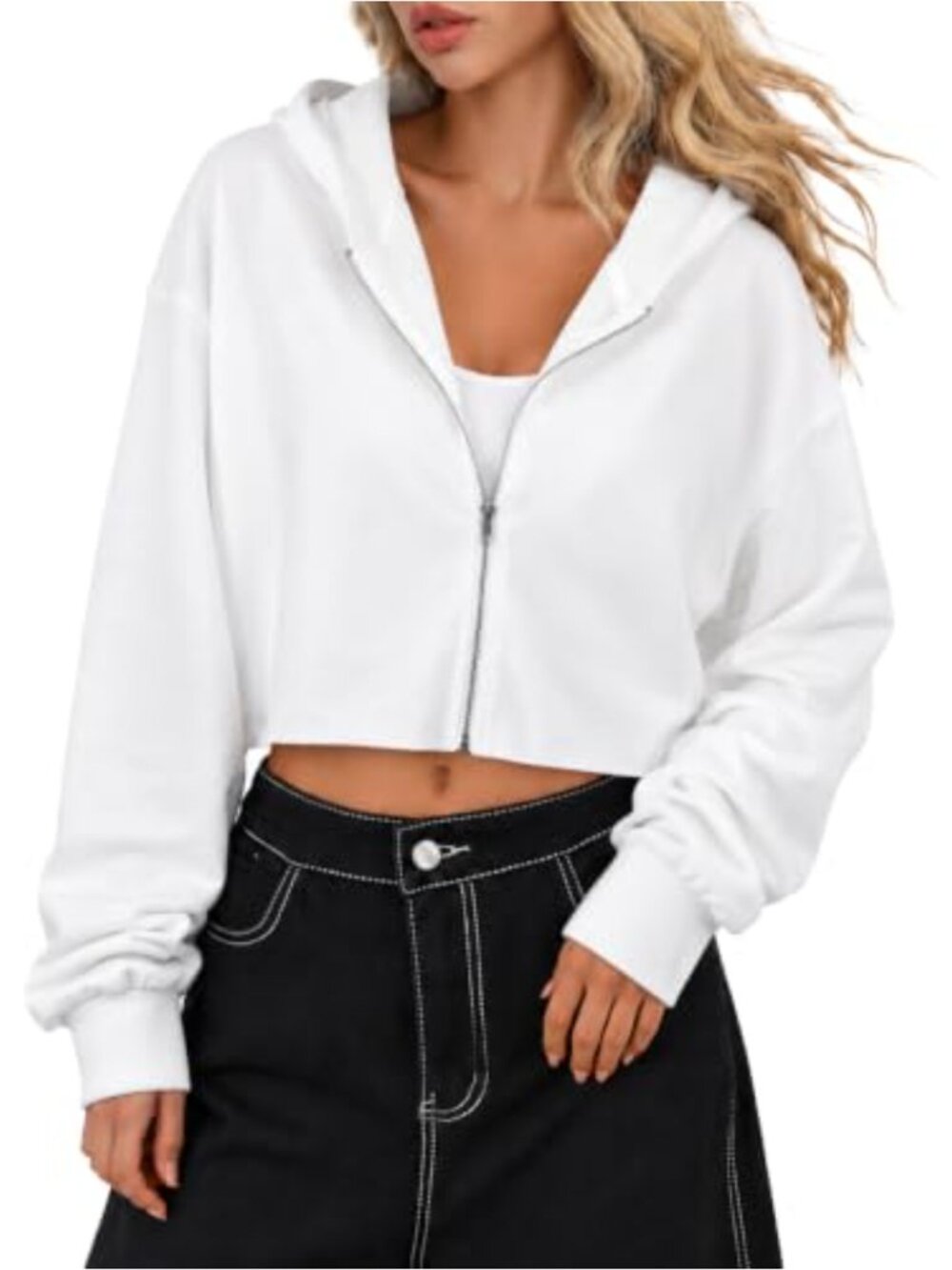 Cropped Zip Up Hoodie Long Sleeve Raw Hem Oversized Sweatshirt
